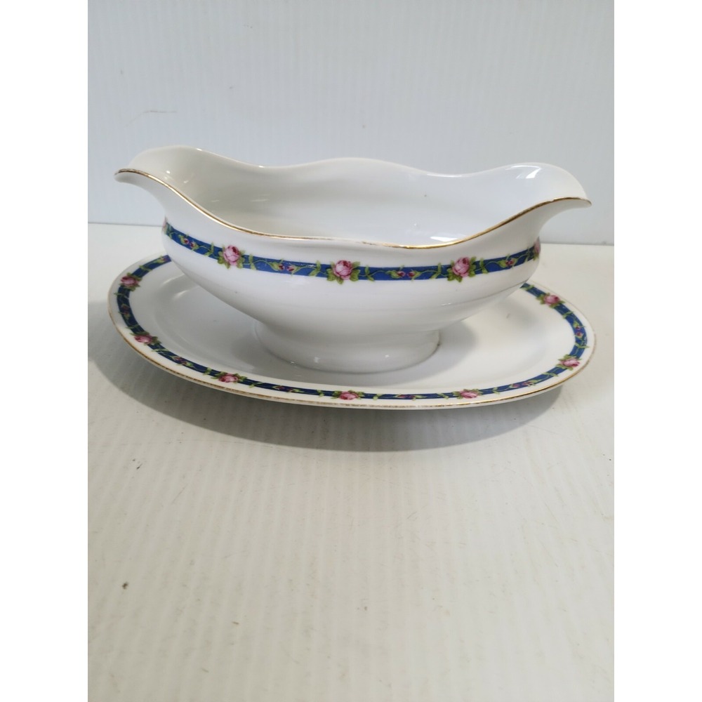 J & C Bavaria Porcelain China Gravy Boat w/Attached plate Pink Roses Blue Ribbon